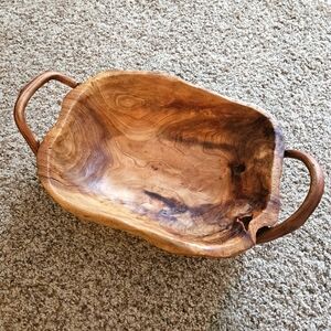 Hand Carved Wooden Bowl Natural Wood Edge Storage Decor With Handles 17"x11"